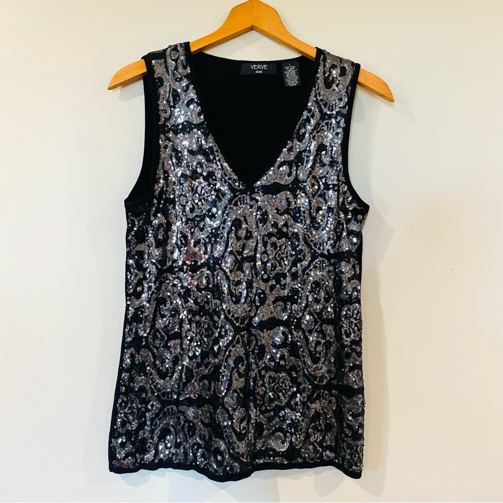 Verve Ami Black Sequin Silver Tank Top Large
